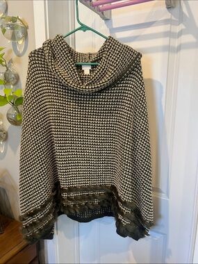 Women's Forest Green & Gold Cowl Neck Knit Sweater Poncho with Faux Fur Trim